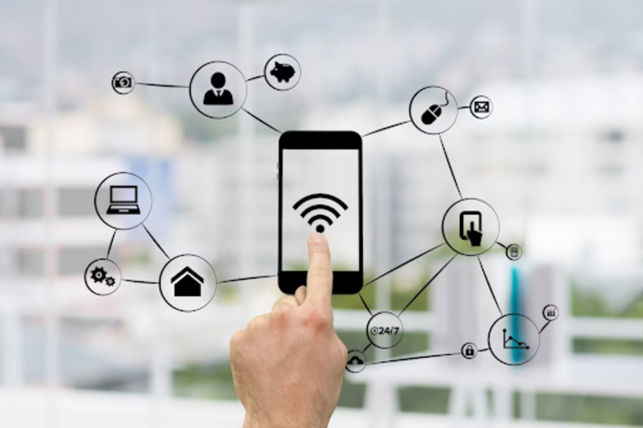 a hand is pointing at a smartphone with wifi icons on it.
