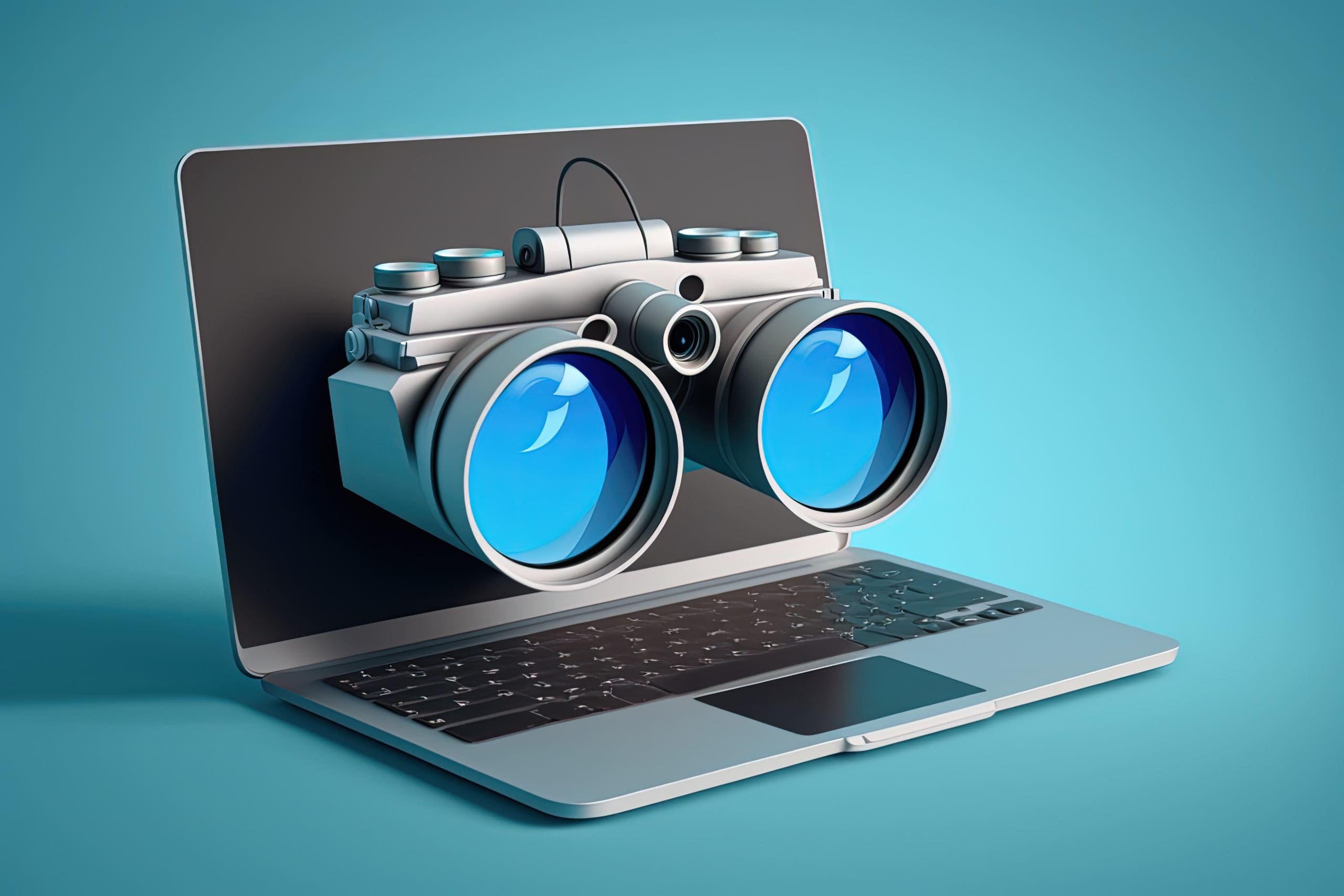 A laptop with binoculars on it.