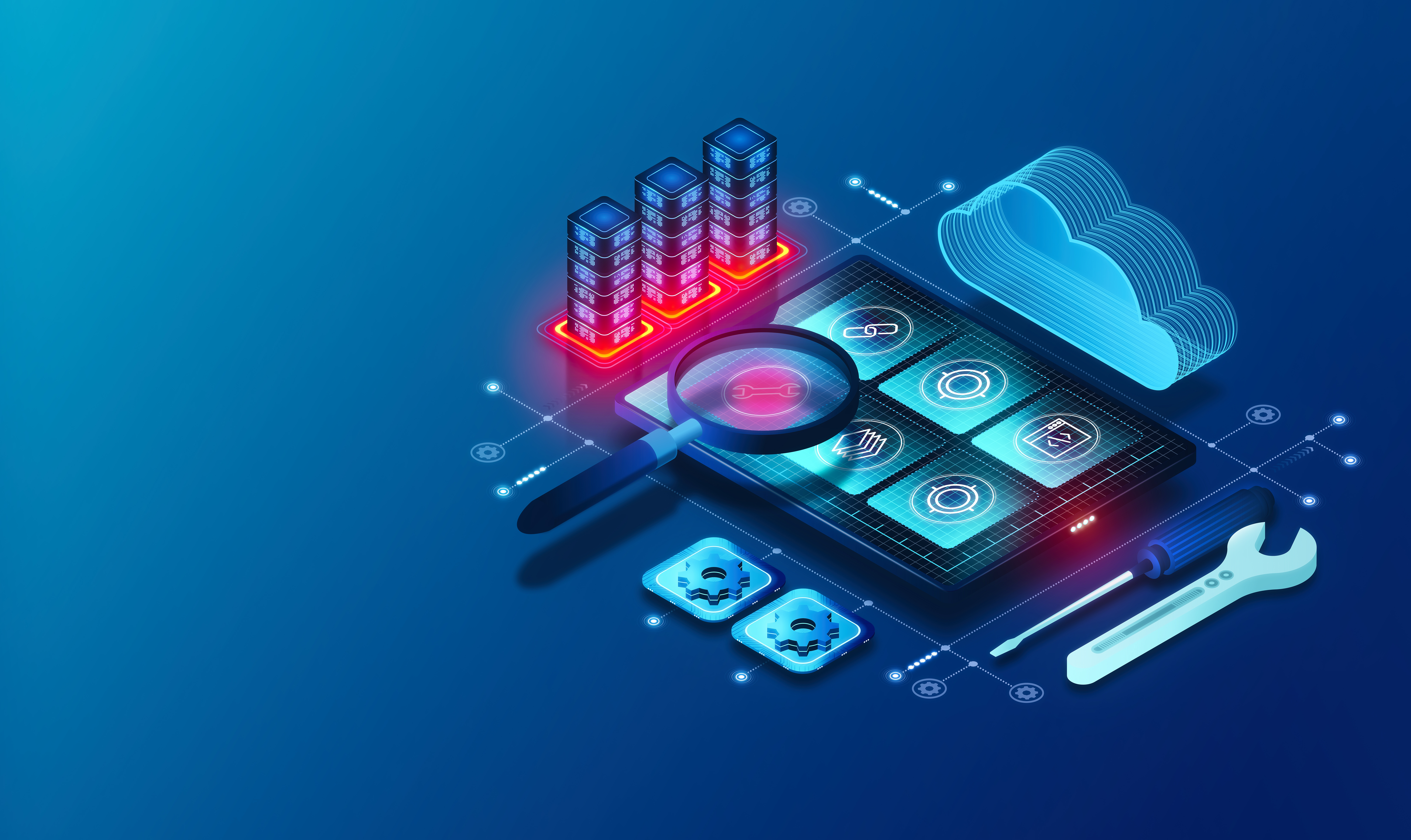An isometric image of a smartphone with a magnifying glass and tools.