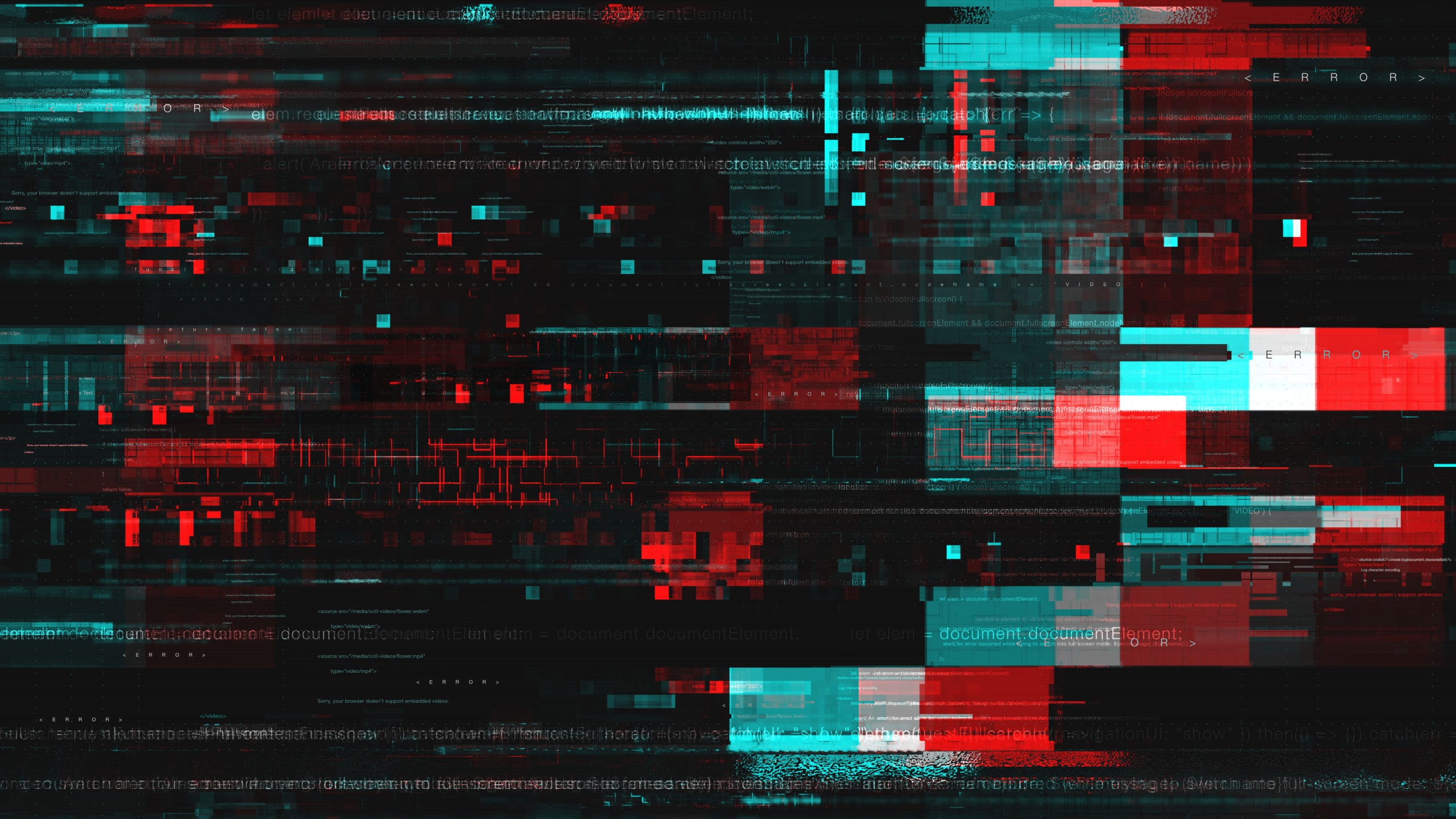 A red, blue, and green pixelated background.
