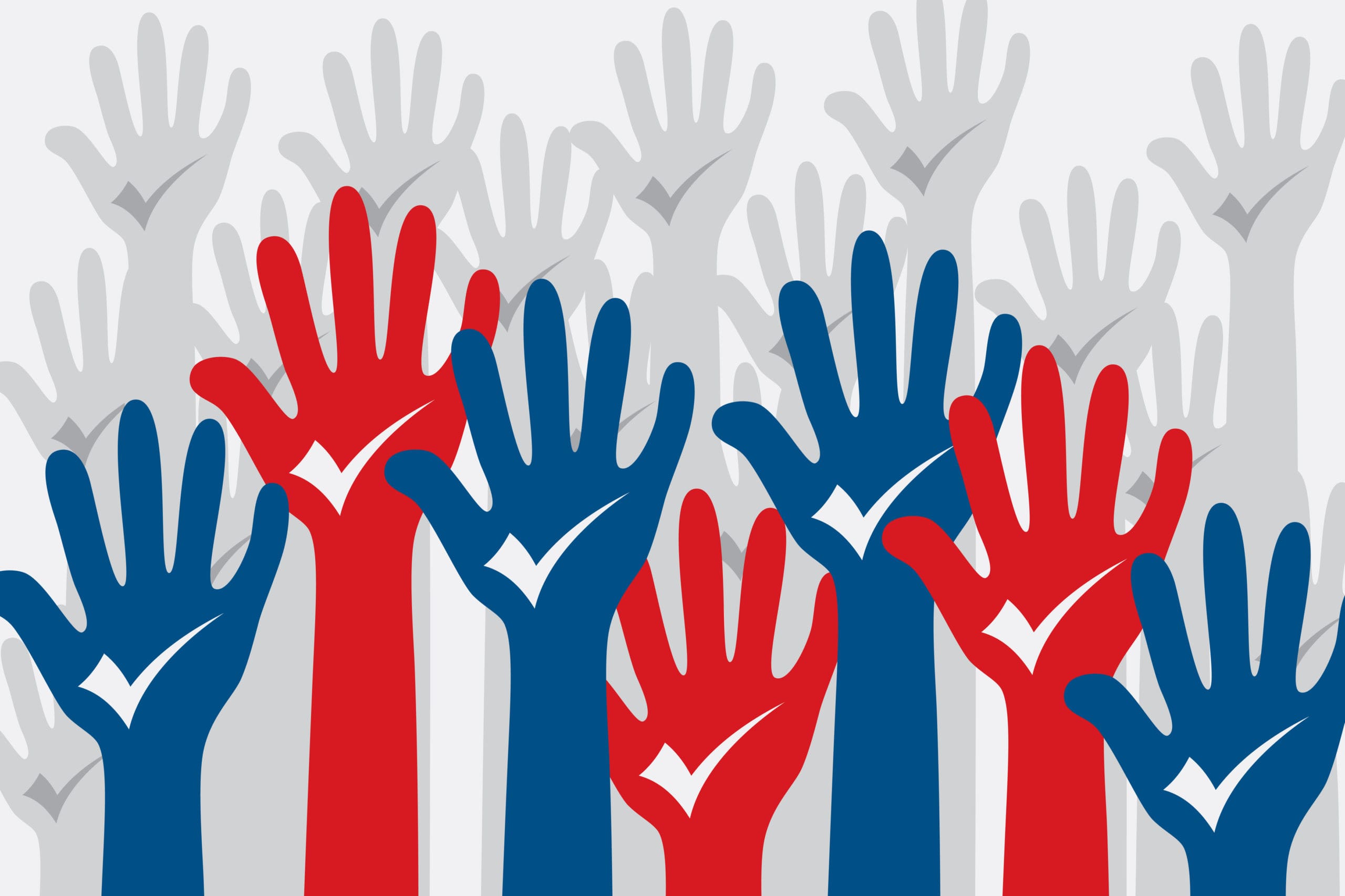 A graphic image showing a multitude of raised hands in shades of red, white, and gray, symbolizing unity, diversity, or a call to participation.